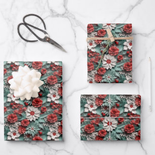 Beautiful Red White and Green 3D  Poinsettia Wrapping Paper Sheet