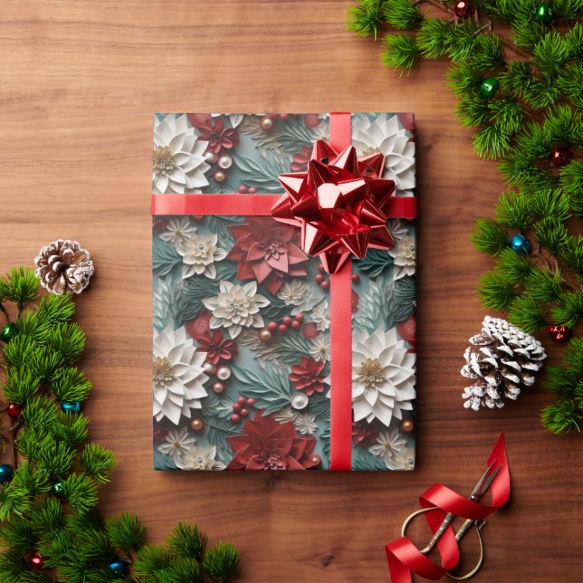 Beautiful Red White and Green 3D Poinsettias Wrapping Paper (Holiday Gift)