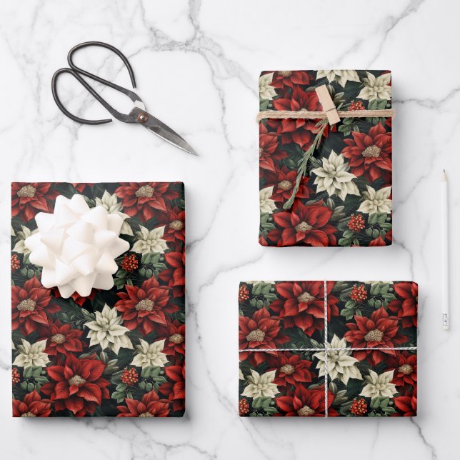 Beautiful Red White and Green Poinsettia Wrapping Paper Sheet (Front)