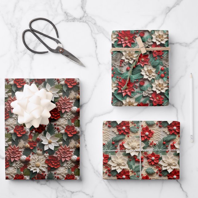 Beautiful Red White and Green Poinsettia Wrapping Paper Sheet (Front)