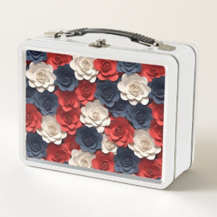 Beautiful Red White Blue Flower Garden USA America Metal Lunch Box