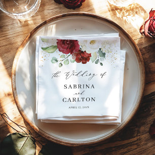 Beautiful Red White Floral Gold Confetti Wedding Napkin