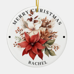 Beautiful Red & White Floral  Merry Christmas  Ceramic Ornament