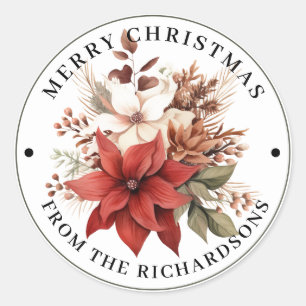 Beautiful Red & White Floral Merry Christmas Classic Round Sticker