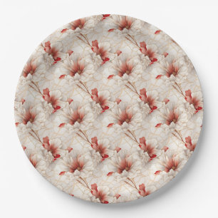 Beautiful Red White Floral Paper Plate