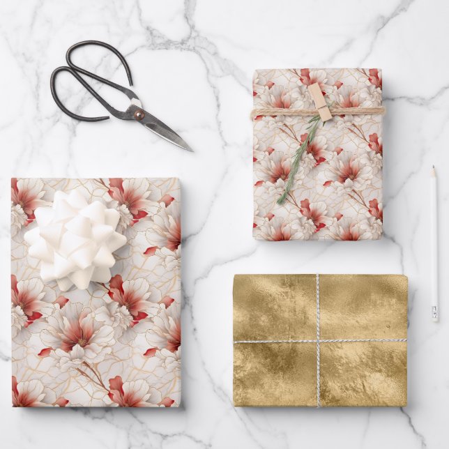 Beautiful Red White Floral Wrapping Paper Sheet (Front)