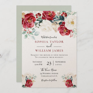 Beautiful Red White Green Floral Wedding Invitation