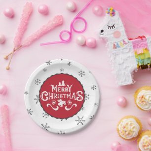 Beautiful Red & White Merry Christmas Party Paper Plate