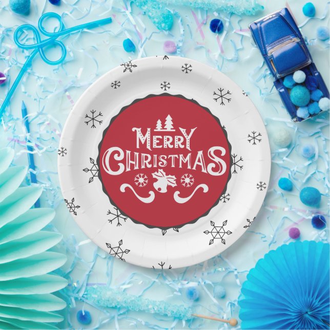Beautiful Red & White Merry Christmas Party Paper Plate (Party)