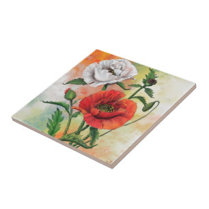 Beautiful Red White Poppies Ceramic Tile