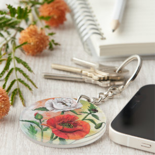 Beautiful Red White Poppies Keychain Painting