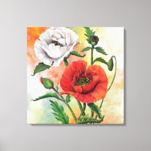 Beautiful Red White Poppies - Migned Art Painting Canvas Print