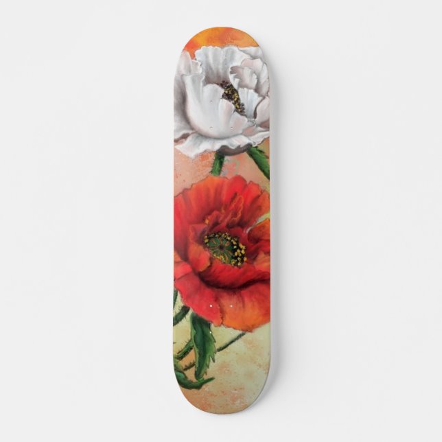 Beautiful Red White Poppies - Migned Art Painting Skateboard (Front)