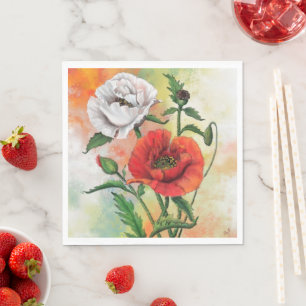 Beautiful Red White Poppies - Migned Painting Art  Napkin