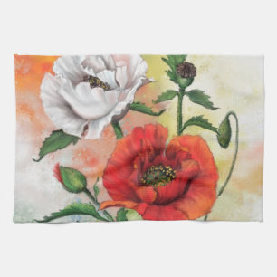 Beautiful Red White Poppies - Migned Painting Tea Towel