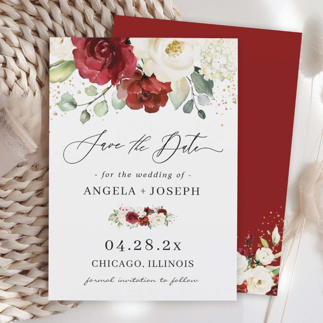 Beautiful Red White Rose Floral Eucalyptus Wedding Save The Date (Creator Uploaded)