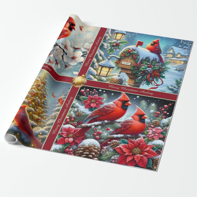 Beautiful Red Winter Cardinals Wrapping Paper (Unrolled)