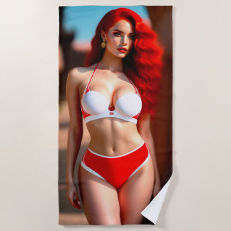 Beautiful redhead girl ilustration Beach Towel