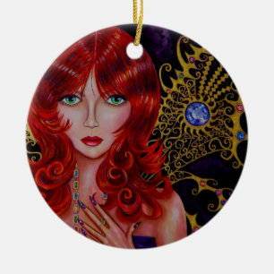 Beautiful Redhead Jewel Fairy Green Eyes Ceramic Ornament