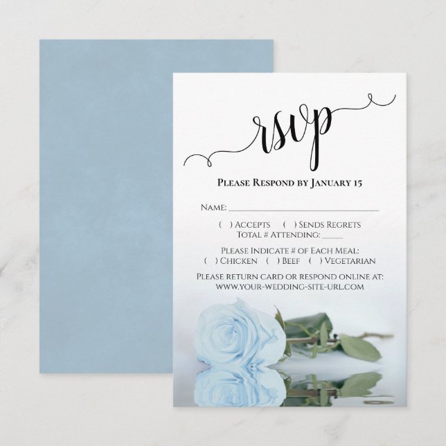 Beautiful Reflecting Dusty Blue Rose Wedding RSVP Card (Front/Back)
