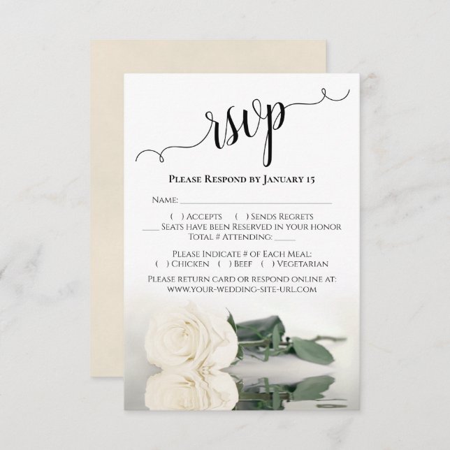 Beautiful Reflecting Ivory or White Rose Wedding RSVP Card (Front/Back)