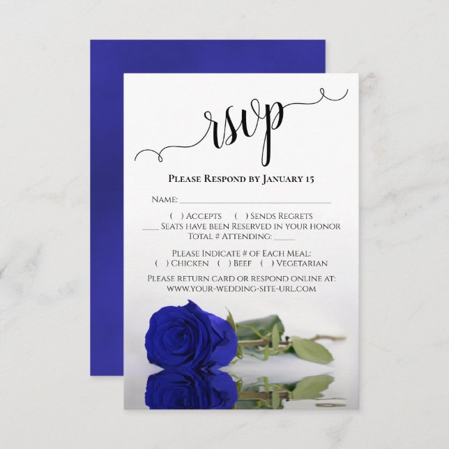 Beautiful Reflecting Vivid Royal Blue Rose Wedding RSVP Card (Front/Back)