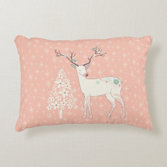 Beautiful Reindeer and Snowflakes Pink Decorative Cushion (Front)