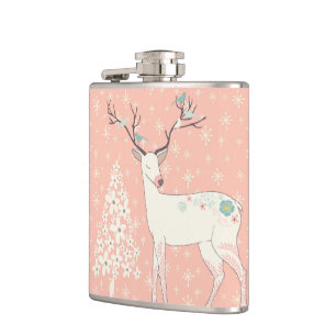 Beautiful Reindeer and Snowflakes Pink Hip Flask