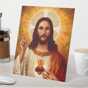 Beautiful Religious Sacred Heart of Jesus Image Pedestal Sign