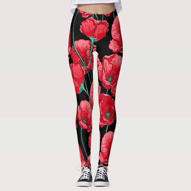 Beautiful Remembrance Red Poppy Pattern Leggings (Front)