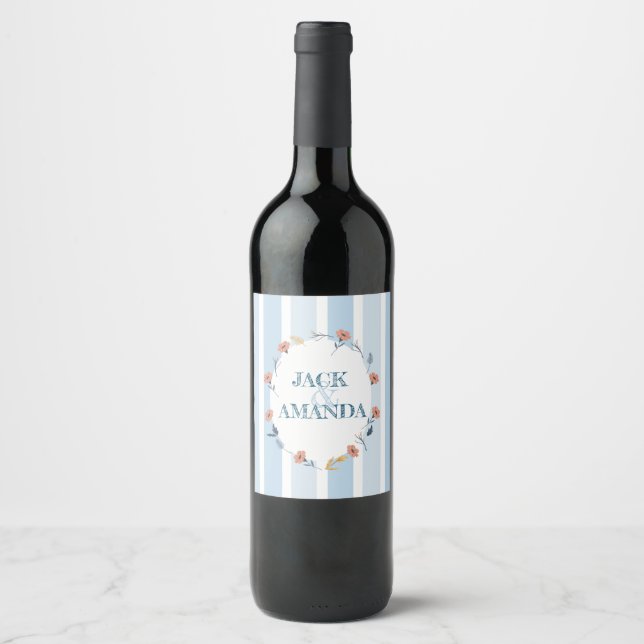 Beautiful Retro Blue Wedding Wine Bottle Label (Front)