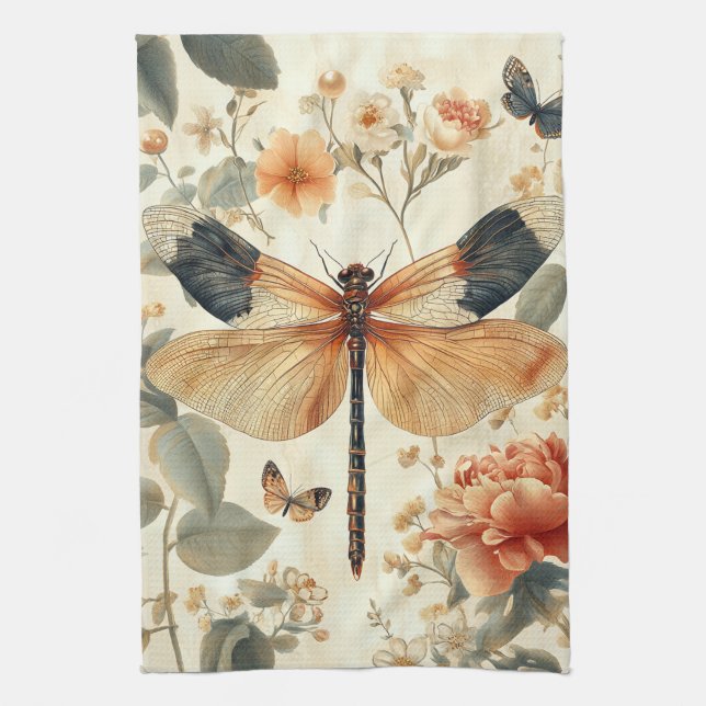 Beautiful retro Dragonfly, Butterfly Tea Towel (Vertical)