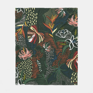 Beautiful retro hand drawn flower , tropical palm  fleece blanket