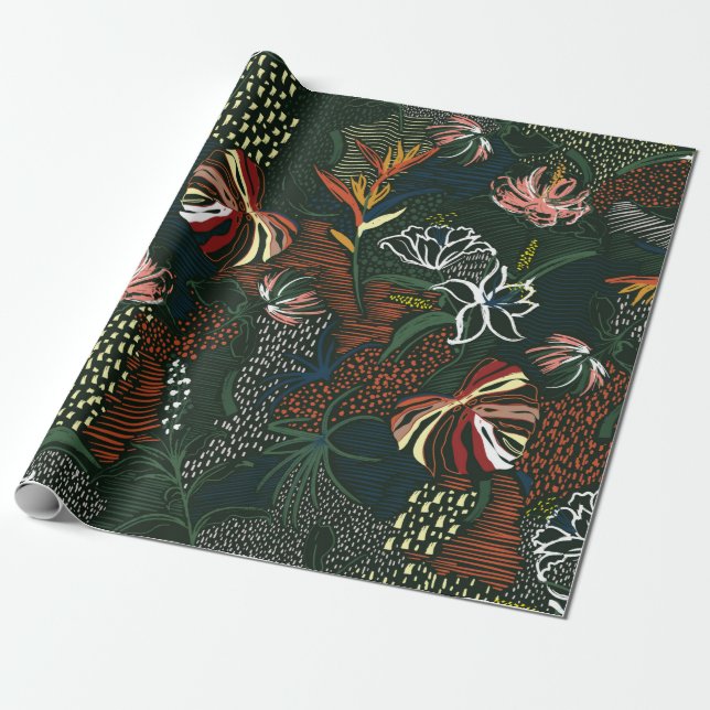 Beautiful retro hand drawn flower , tropical palm  wrapping paper (Unrolled)