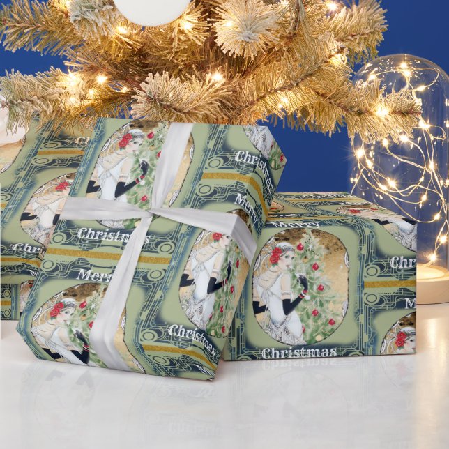 Beautiful Retro Lady and Christmas Tree  Wrapping Paper (Holidays)