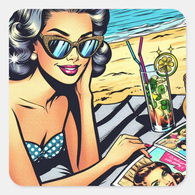 Beautiful Retro Lady at the Beach with Cocktail Square Sticker (Front)