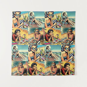 Beautiful Retro Lady at the Beach with Cocktail Tapestry