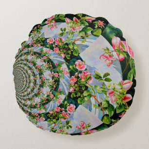 Beautiful retro pink red roses watercolor floral round cushion