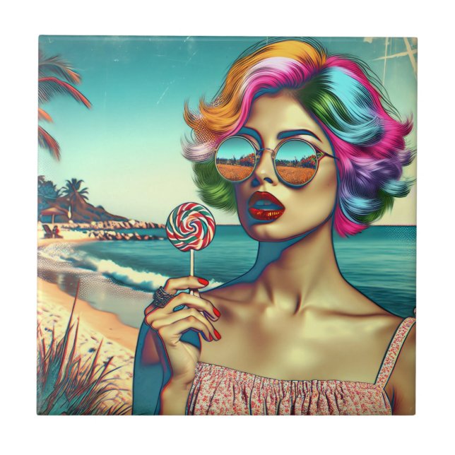 Beautiful Retro Pop Art Woman with Lollipop Ceramic Tile (Front)