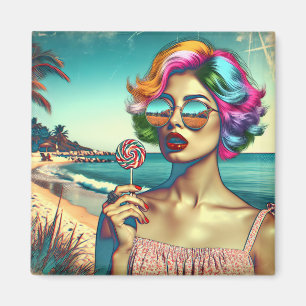 Beautiful Retro Pop Art Woman with Lollipop Magnet