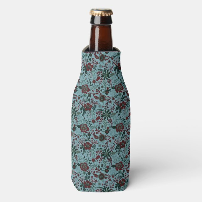 Beautiful retro style blue pastel floral pattern bottle cooler (Bottle Front)