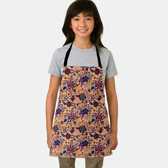 Beautiful retro style orange pastel floral pattern apron (Insitu)