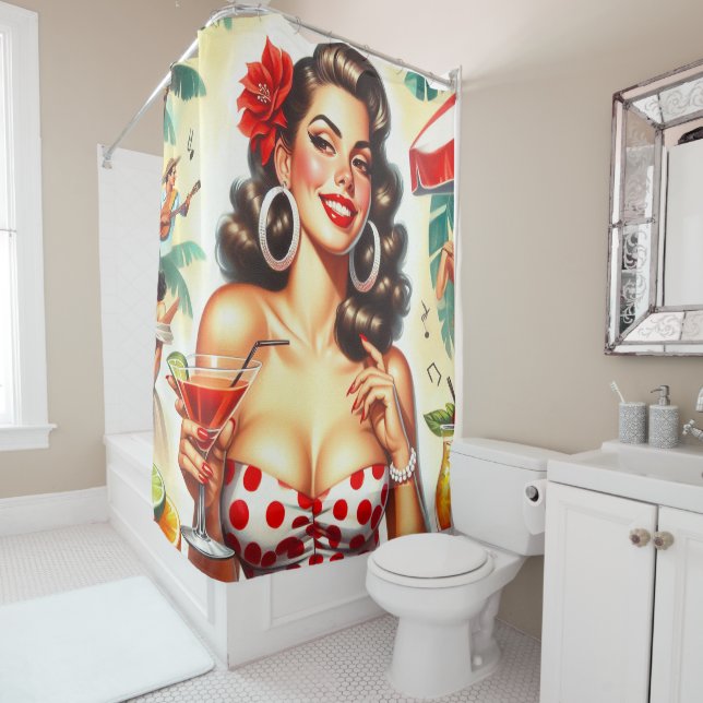 Beautiful Retro Woman Illustration Shower Curtain (In Situ)