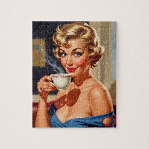 Beautiful Retro Woman with a cup of coffee Jigsaw Puzzle