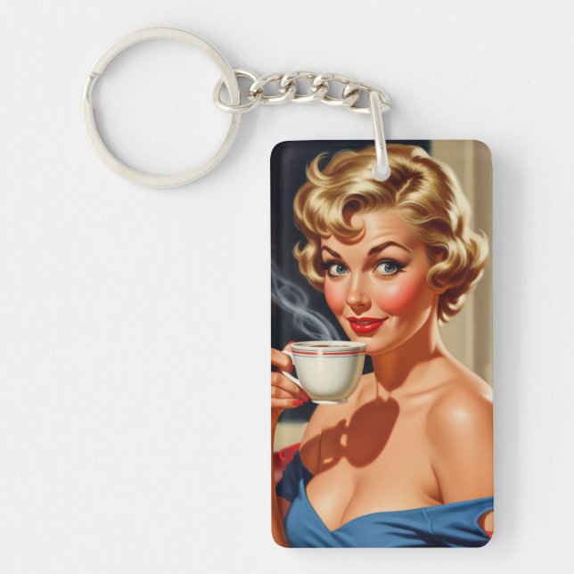 Beautiful Retro Woman with a cup of coffee Key Ring (Front)
