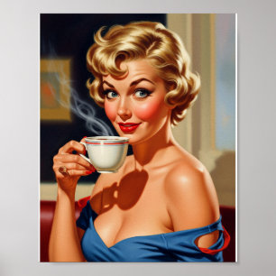 Beautiful Retro Woman with a cup of coffee Poster