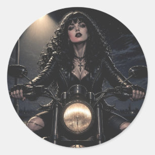 Beautiful Romantic Gothic Woman on Motorcycle  Classic Round Sticker