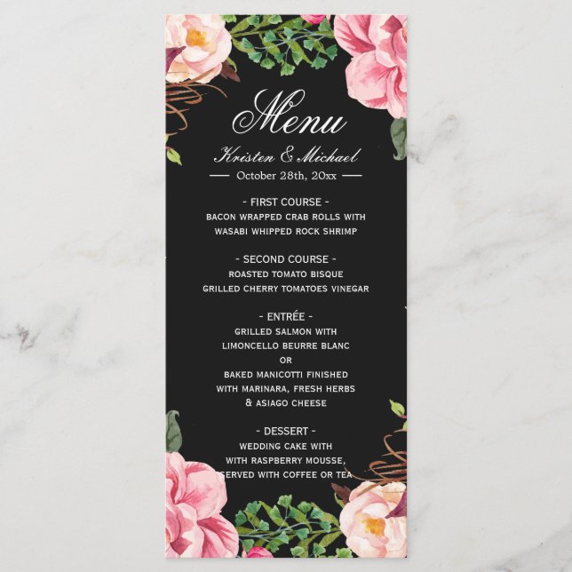 Beautiful Romantic Pink Floral Wedding Menu (Front)