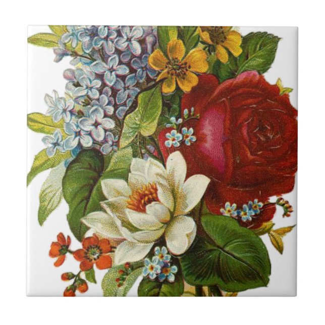 Beautiful Romantic Summer Bouquet with Red Rose Ceramic Tile (Front)