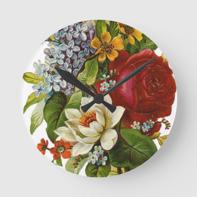 Beautiful Romantic Summer Bouquet with Red Rose Round Clock (Front)